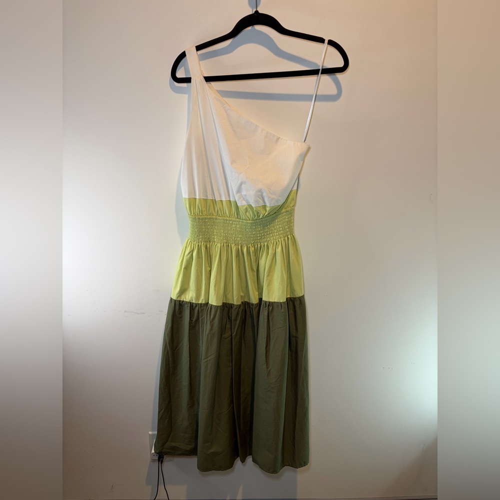 Hutch Women’s Asymmetric Colorblock Maxi Dress in White, Lime & Olive